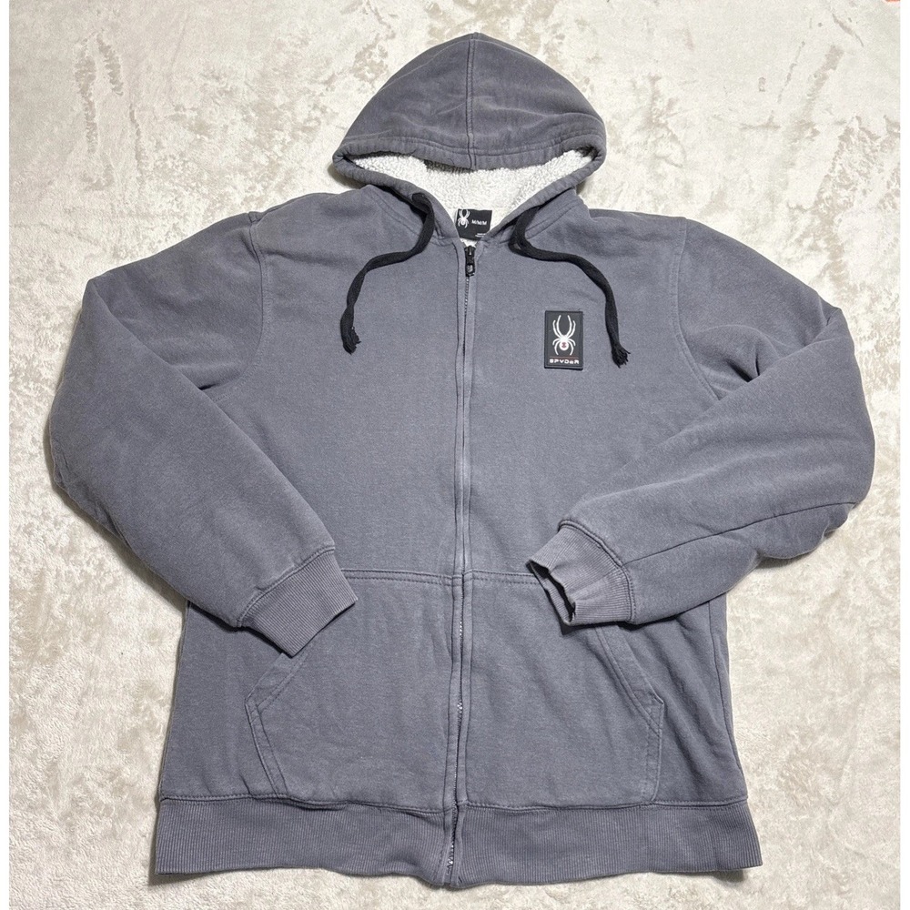 Spyder Sherpa Lined Full Zip Hoodie Men's Medium Gray Logo Thermal Sweatshirt
